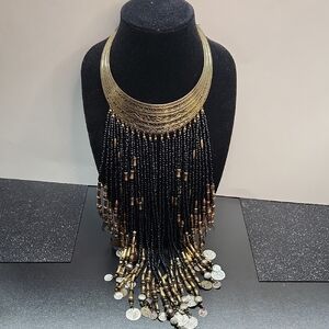 Gold-tone and Black Beaded Necklace With Coin Like Fringe